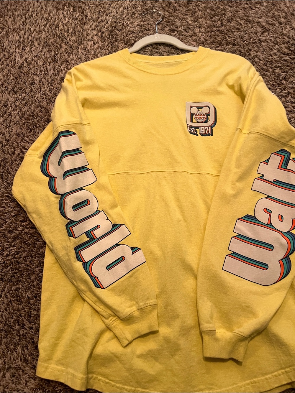 Disney Yellow Crewneck Sweater with Retro Multicolor Sleeve Graphics